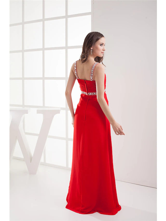 A-Linien-Abendkleid, elegantes Kleid, formeller Abend, bodenlang, ärmellos, V-Ausschnitt, Chiffon mit gerüschtem Perlenbesatz, Schlitz